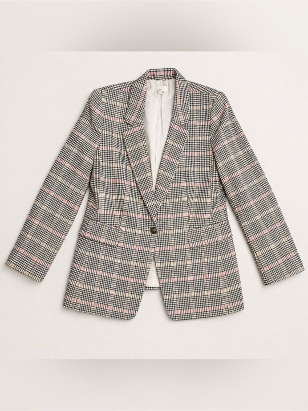 LOFT Plaid Blazer Women’s 14 Pink Cream Tailored Preppy bronze Button Jacket - Picture 2 of 7